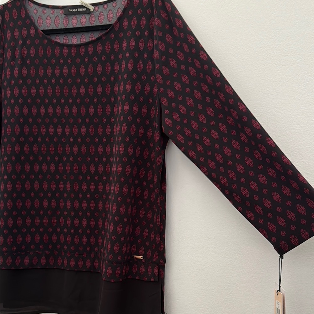 NWT Ivanka Trump Black and Maroon Patterned Blouse with a Sheer Black Hem